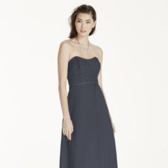 David's Bridal Black Strapless Lace Satin Gown - Picture 4 of 16